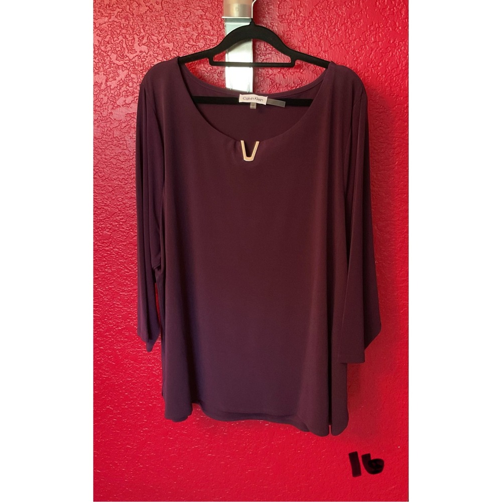 Calvin Klein Womens 3X Purple V-Hardware Scoop Neck 3/4 Sleeve Blouse Top NEW